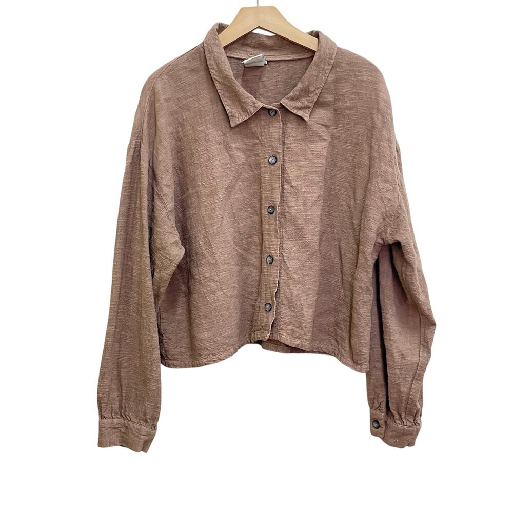 Vintage TOM TOM California Brown Linen Button Down Lagenlook Crop Jacket Size L